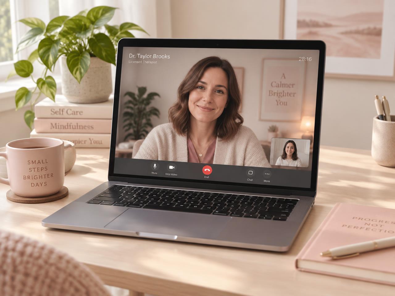Simulação de uma sessão de psicologia online em videochamada