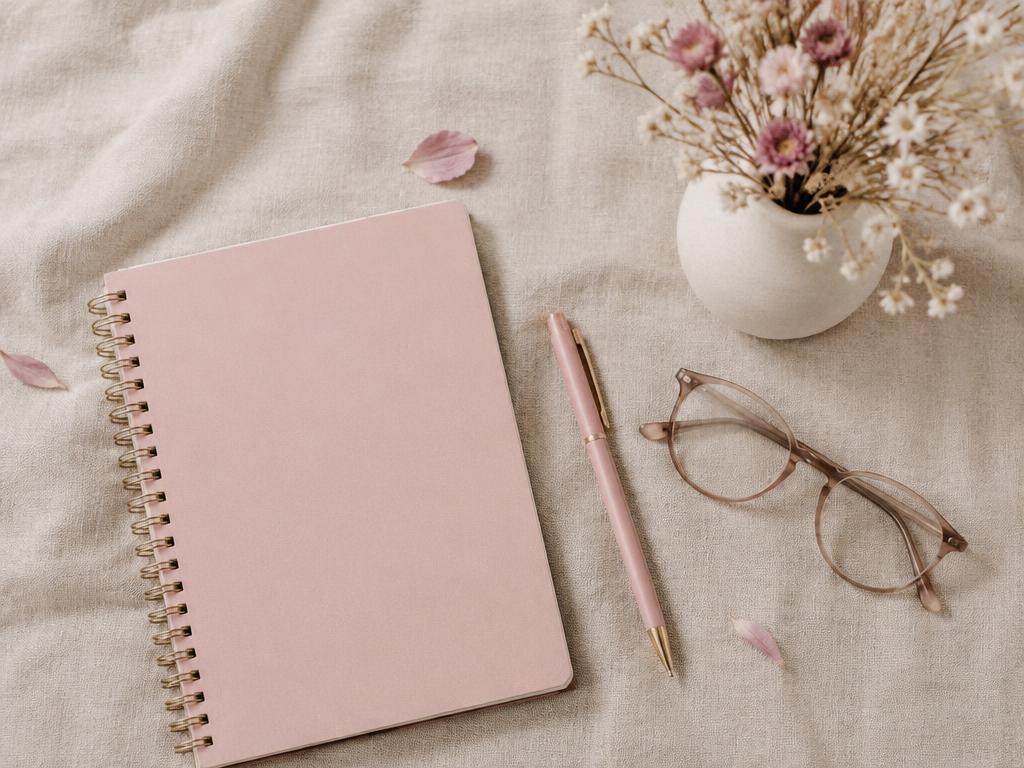 Caderno, caneta e flores secas sobre tecido bege
