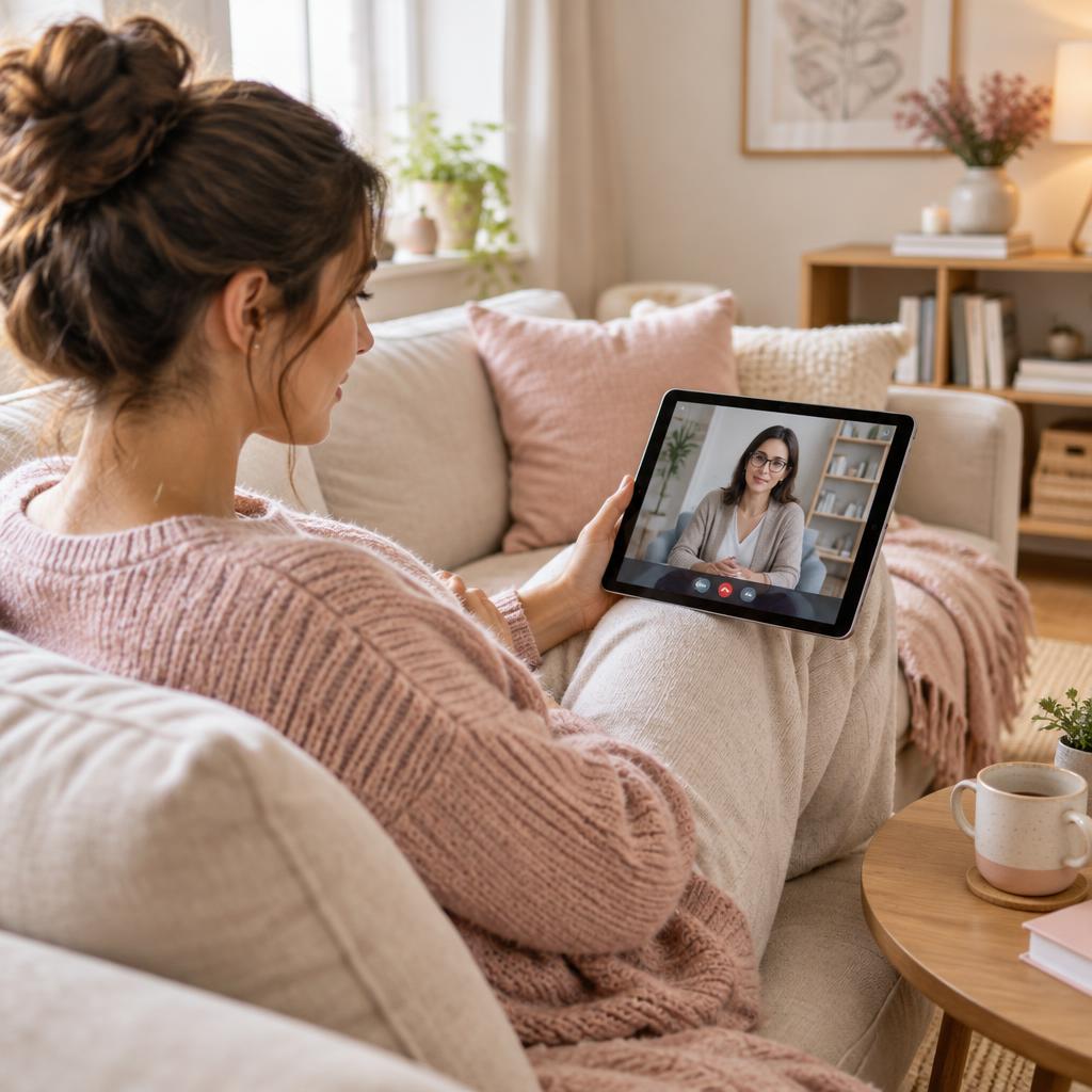 Mulher em sessão online de casa pelo tablet